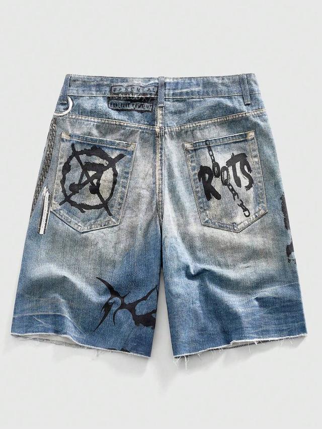 goth graffiti print frayed hem denim shorts
