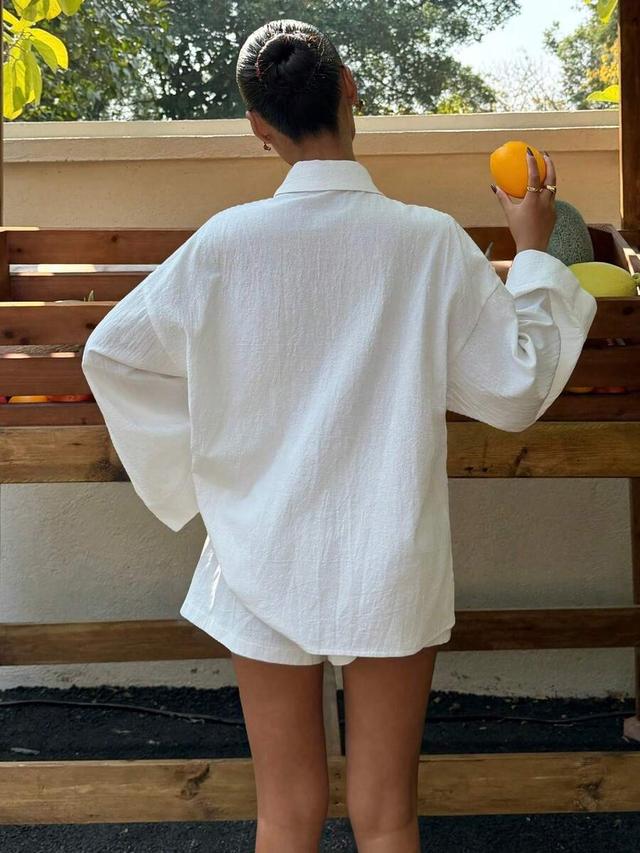 white woven cotton shirt and shorts set