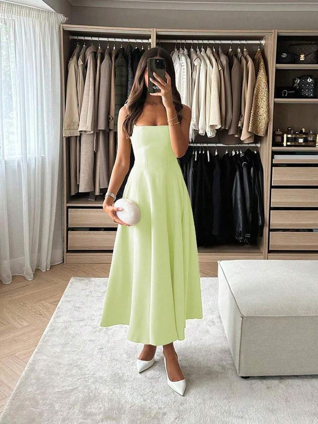 pale yellow casual elegant woven square neck dress