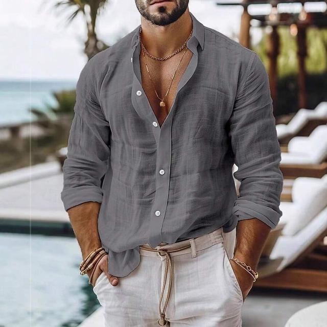 grey men's casual long-sleeve linen blend shirt