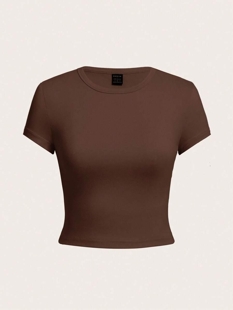 brown cropped round neck short sleeve t-shirt