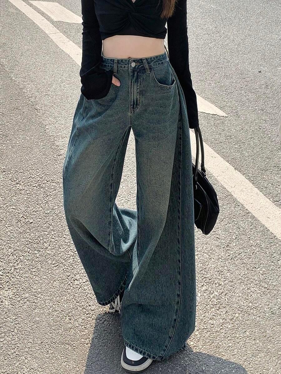 washed blue dazy women's loose fit straight leg baggy jeans