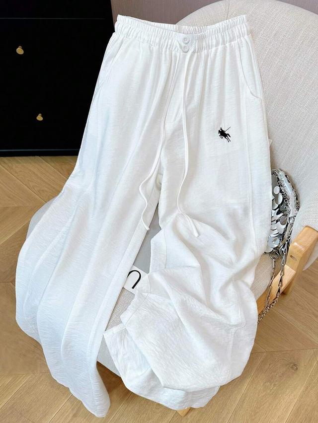 white logo casual drawstring waist wide leg trousers