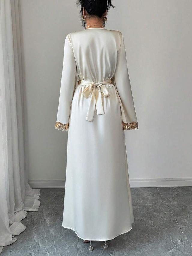 elegant v-neck flare sleeve gold lace a-line dress