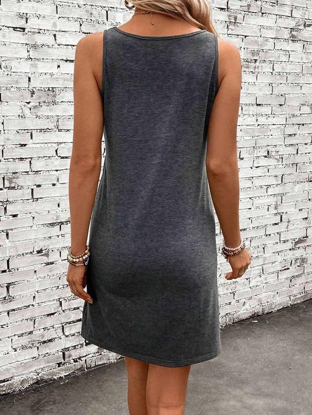 dark grey casual solid color sleeveless round neck shift dress