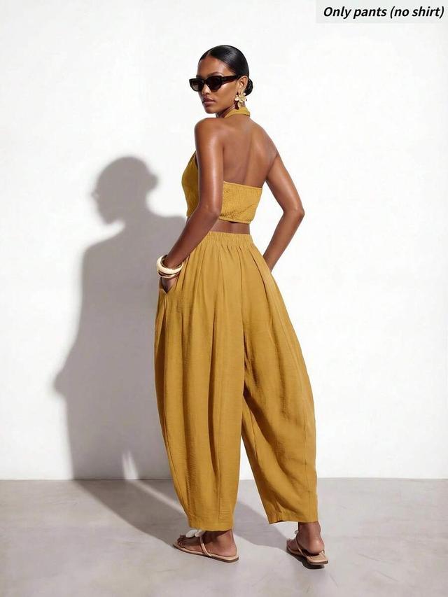 solid color elastic waist pleated casual long pants