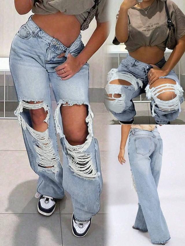 golden blue distressed high-waisted denim jeans