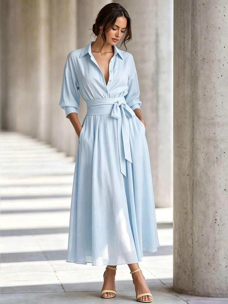 Powder blue shirt-dress style maxi for date night