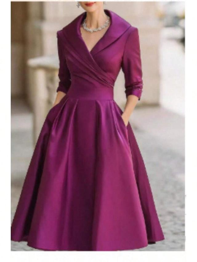 purple satin wrap midi dress with pleated skirt
