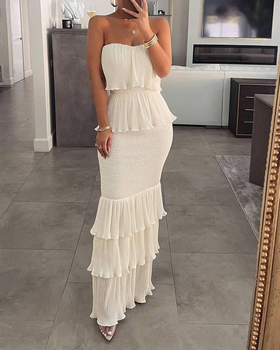 white strapless pleated tiered maxi dress