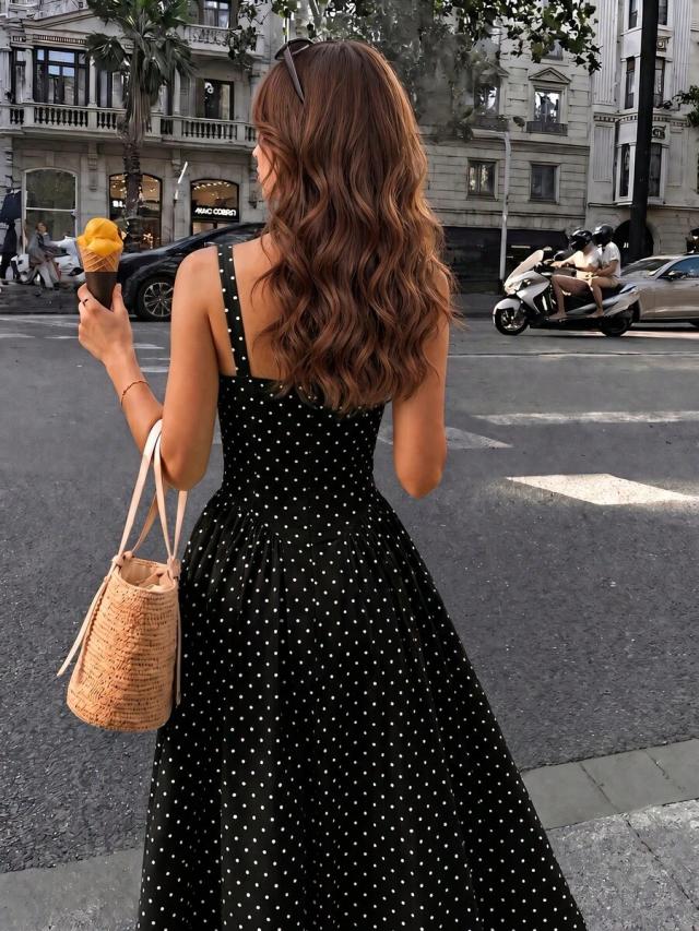 black and white polka dot square neck midi dress