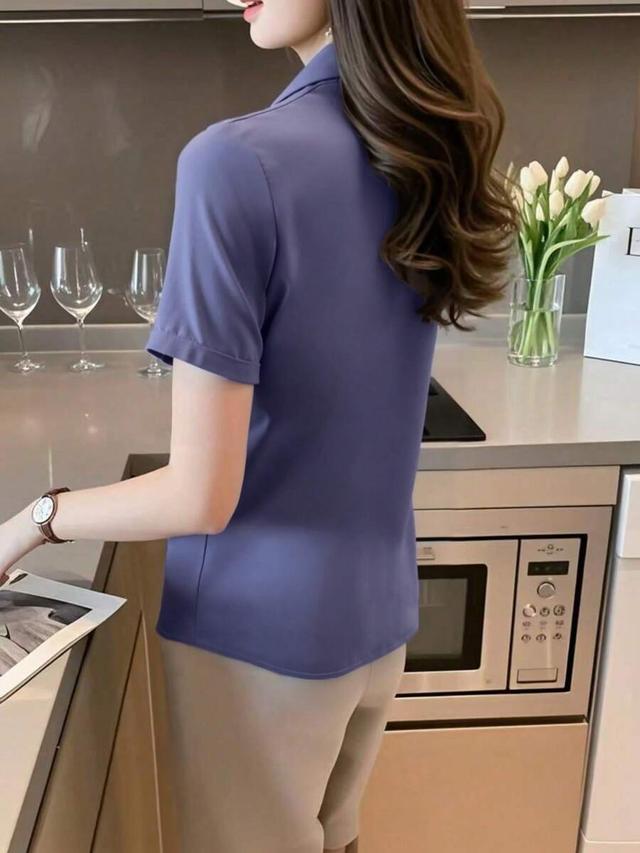 periwinkle silk short sleeve dressy chic satin shirt