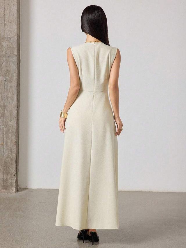 beige sleeveless v-neck dress with contrast trim