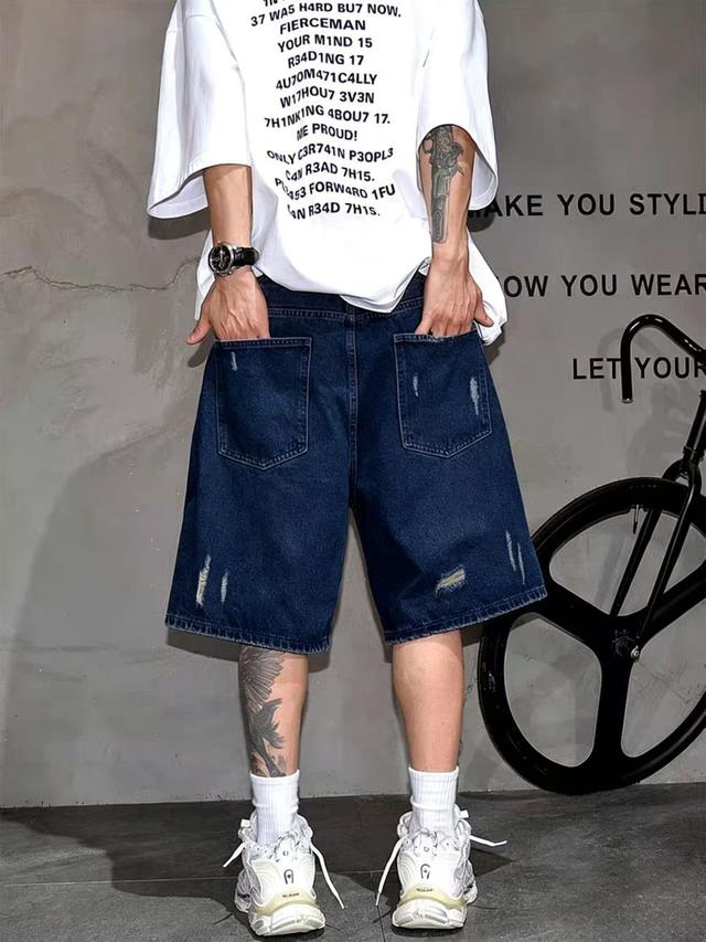 men's summer street fashion distressed washed denim shorts