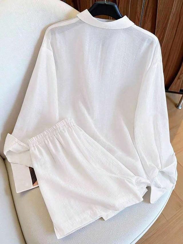 white linen cherry embroidery long sleeve shirt and shorts