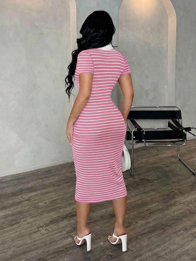 pink and white striped ribbed polo shirt dress