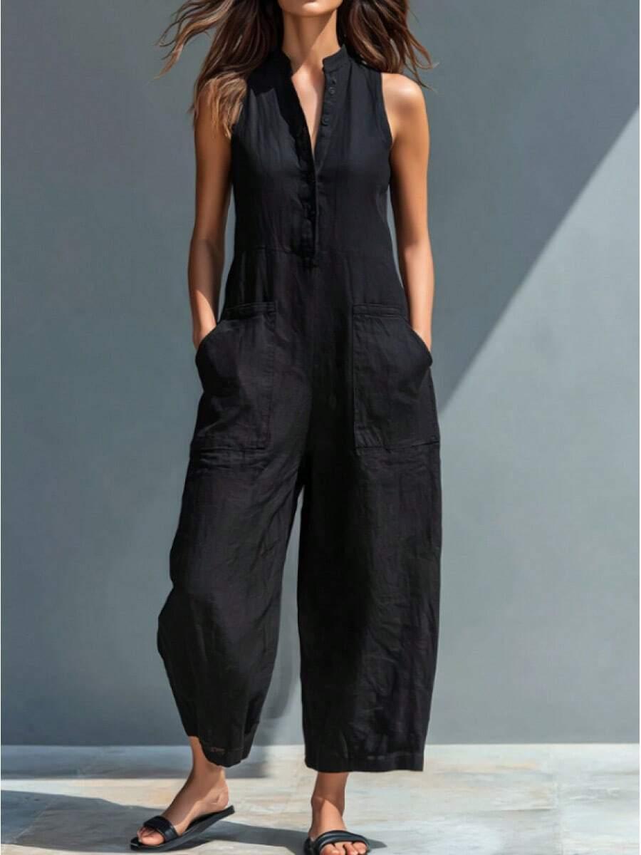 black sleeveless linen jumpsuit with button placket