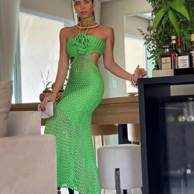 green crochet halter neck maxi dress with flower