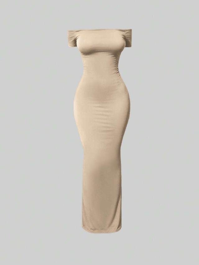beige off-shoulder bodycon maxi dress