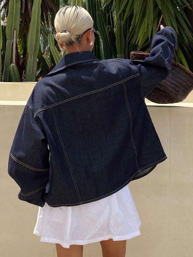 deep blue cotton denim cropped zip jacket