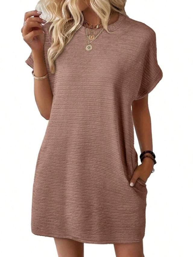 brown textured shift dress with pockets