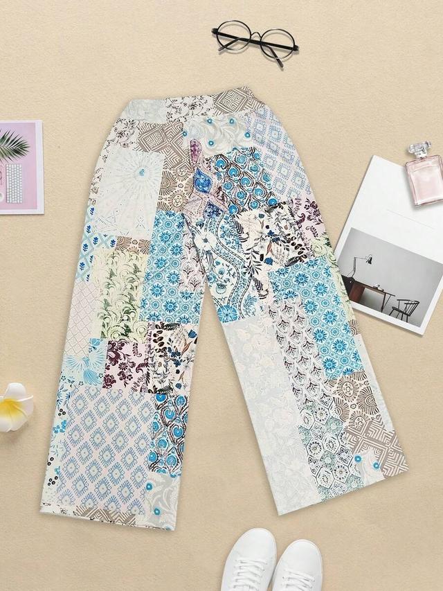 blue floral bohemian floral patchwork high waist wide-leg pants