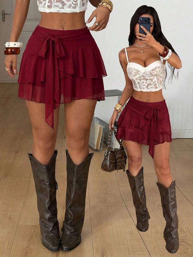 deep red chiffon layered mini skirt with tie waist