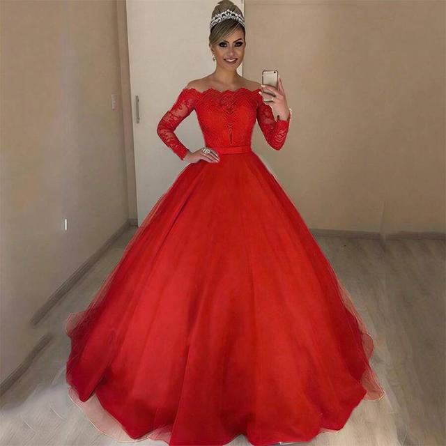 red off-shoulder lace bodice ball gown dress