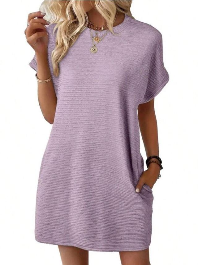 purple textured shift dress with side pockets