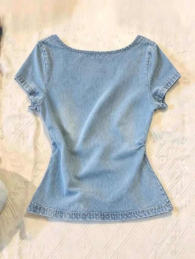 light wash denim short sleeve tie front top
