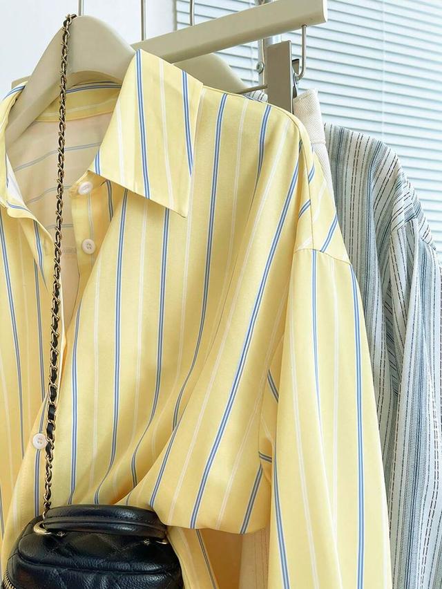 blue casual yellow striped button-up long sleeve shirt