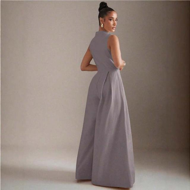 grey sleeveless mock neck wide leg jumpsuit