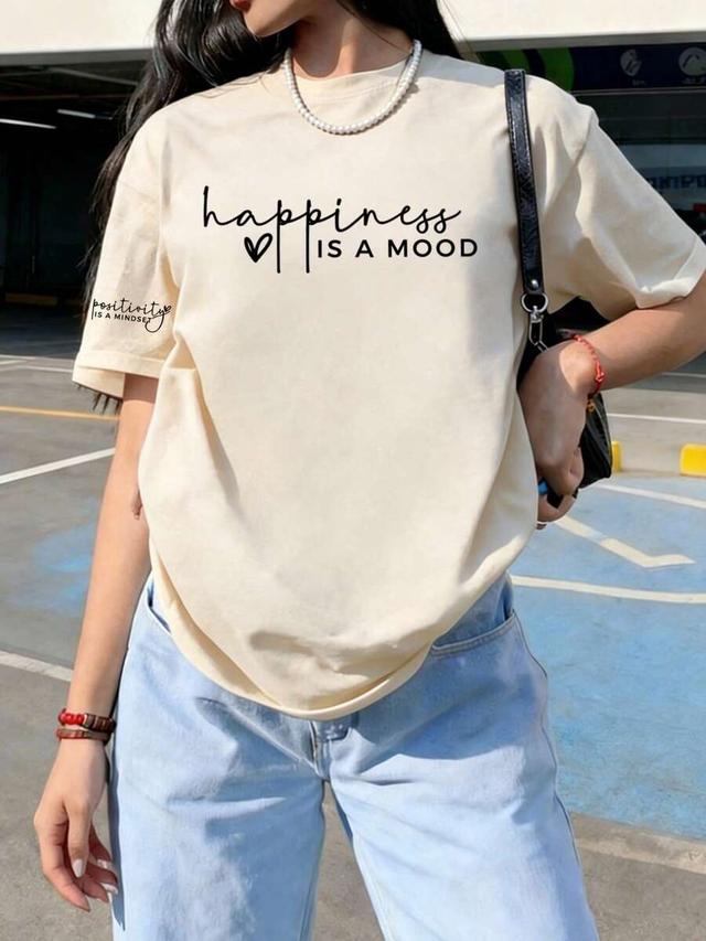 beige knit t-shirt with happiness is a mood quote