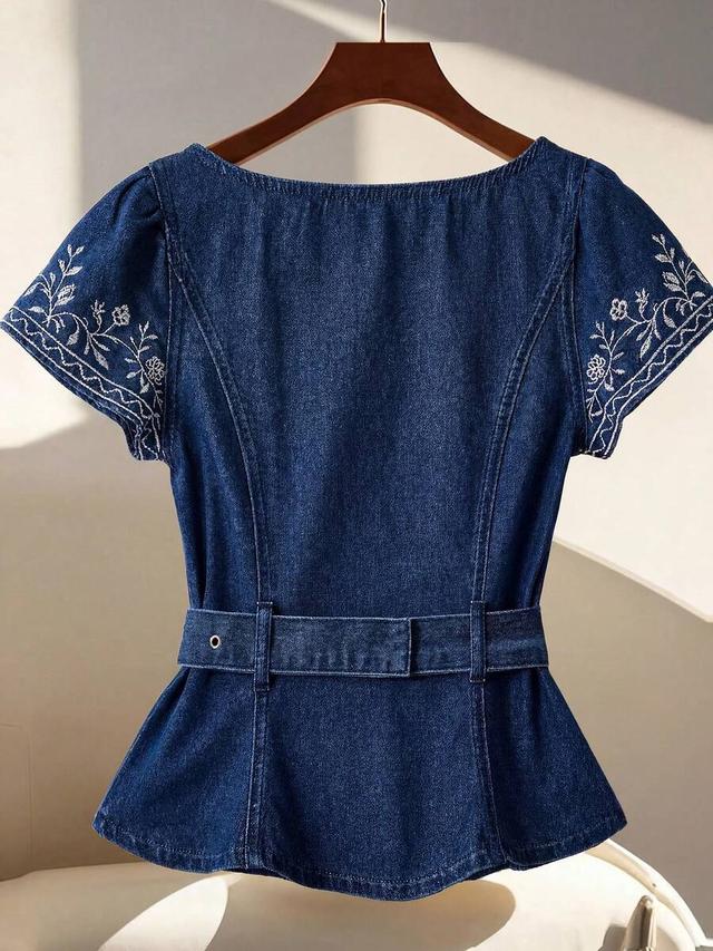 gloweve women's v-neck floral embroidered denim blouse