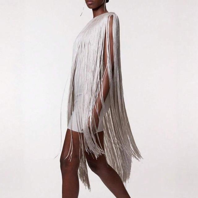 silver one-shoulder fringe embellished cocktail dress