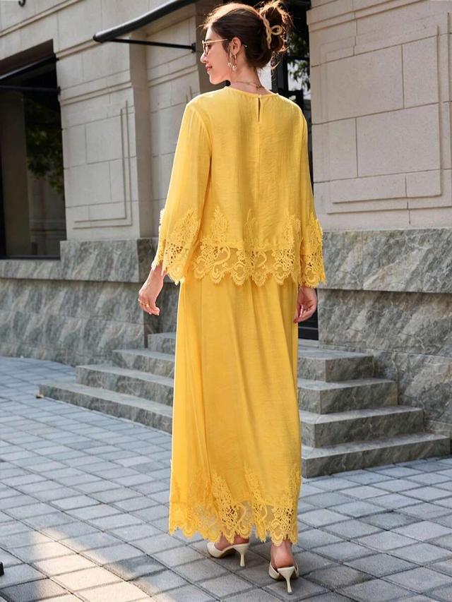 yellow lace embroidered patchwork top and skirt set