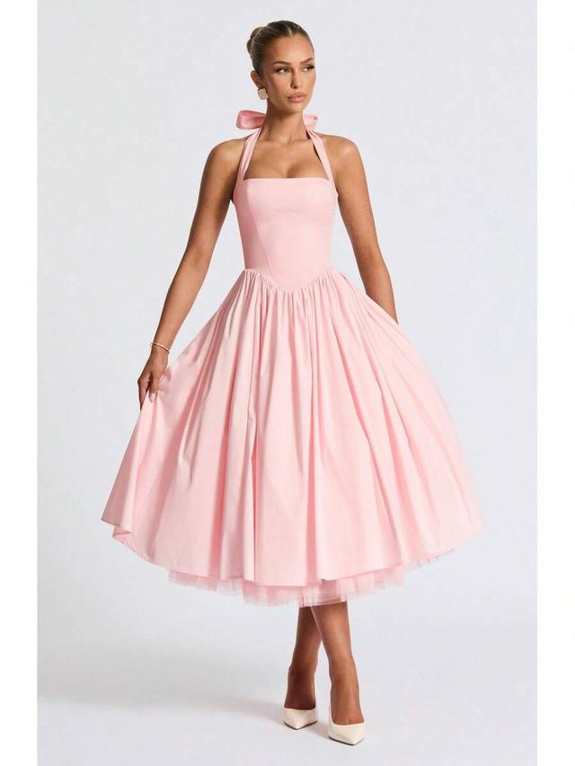 pink halter neck fit and flare midi dress