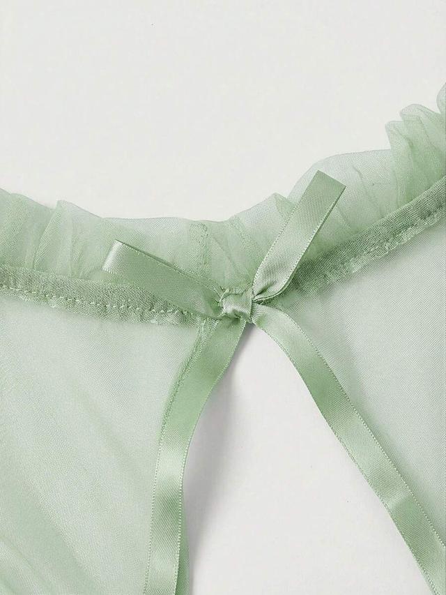 light green shein mod contrast mesh flare sleeve tie neck dress