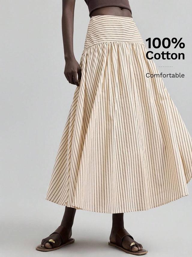 light beige striped cotton a-line midi skirt