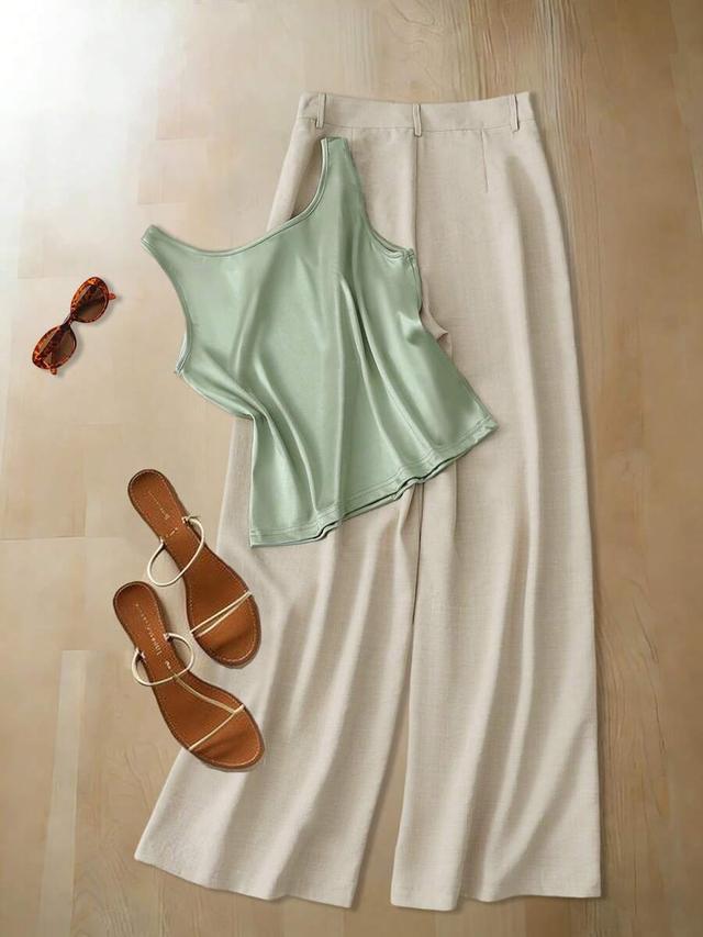 beige elegant satin camisole and tailored trousers two-piece set