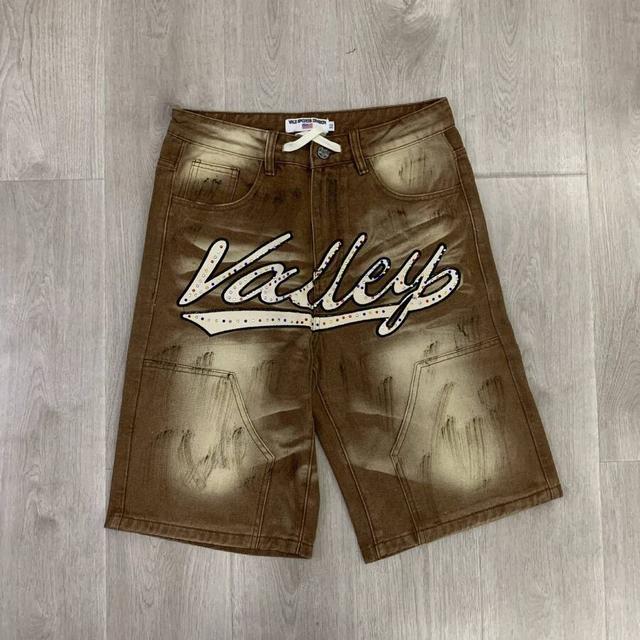brown embroidered rhinestone letter washed distressed relaxed denim shorts