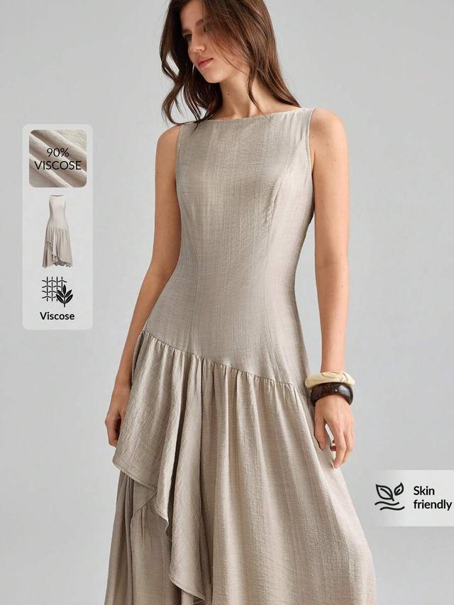 khaki sleeveless textured cinched waist asymmetric hemline dress