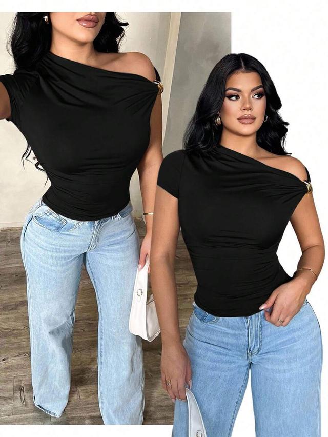 dark black minimalist brown asymmetric neck short sleeve top