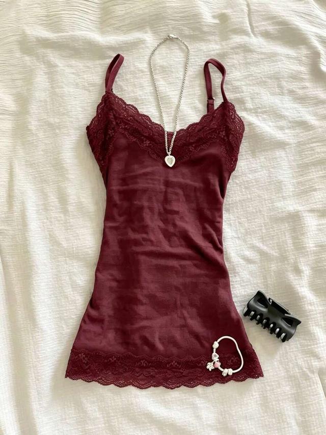 burgundy islasuriya lace patchwork fitted camisole for women