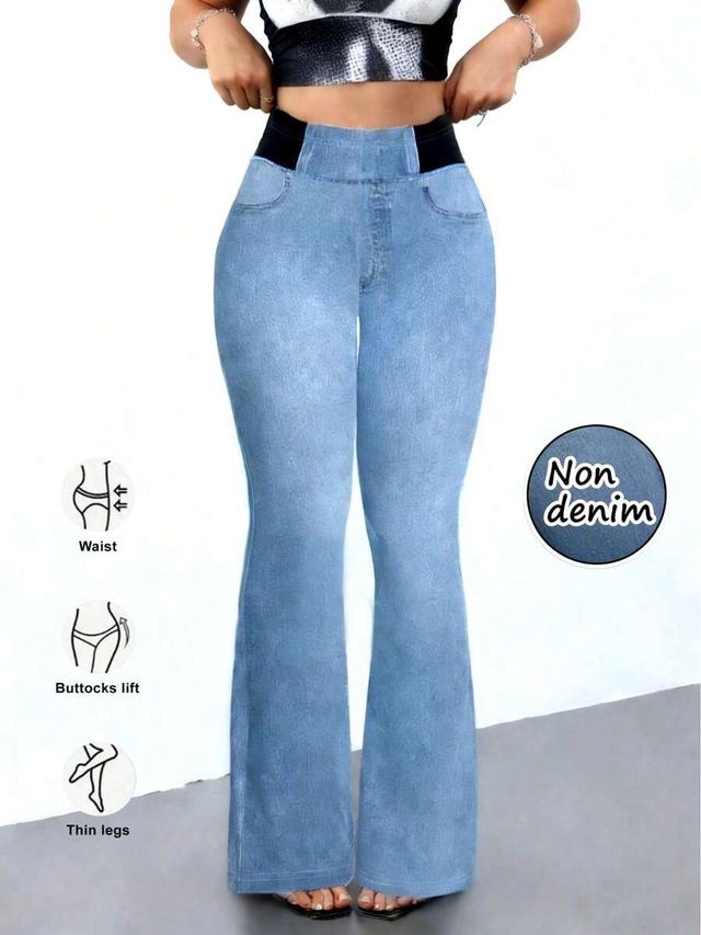 women's high stretch flare pants denim effect print