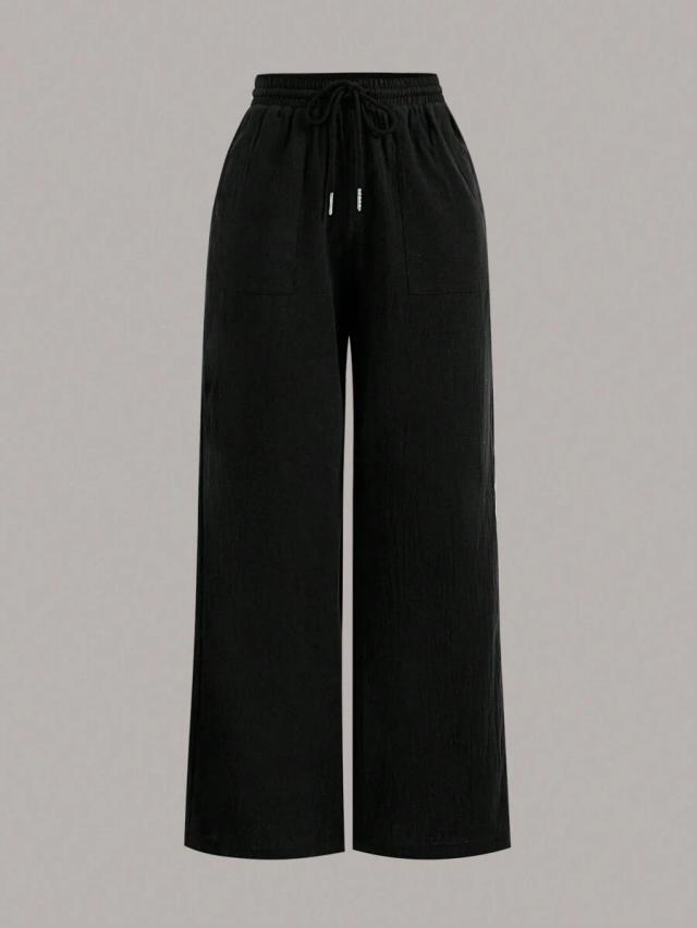 black drawstring waist wide-leg casual pants