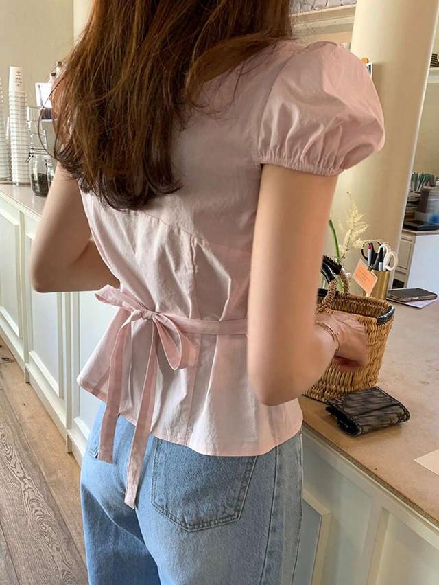 pink fitted puff sleeve belted cotton blouse