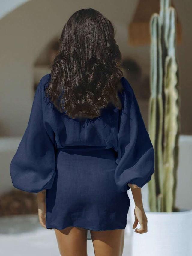 dark blue v-neck tie-waist puff sleeve mini dress