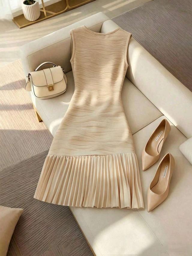 textured knit pleated a-line beige dress