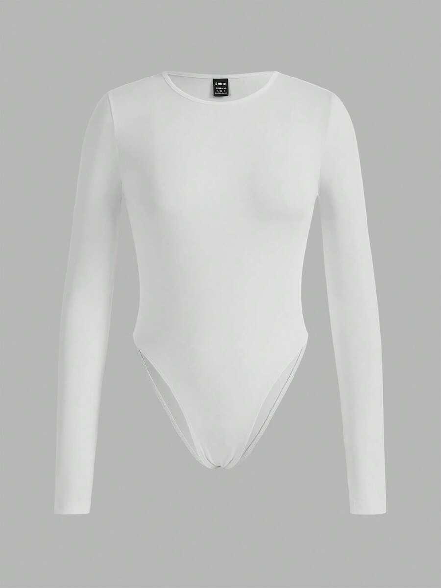 white three solid color long sleeve minimalist bodysuit